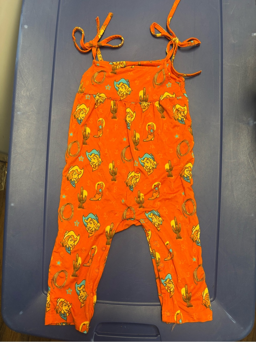 Toddler Orange Cowboy Print Romper with Tie Straps